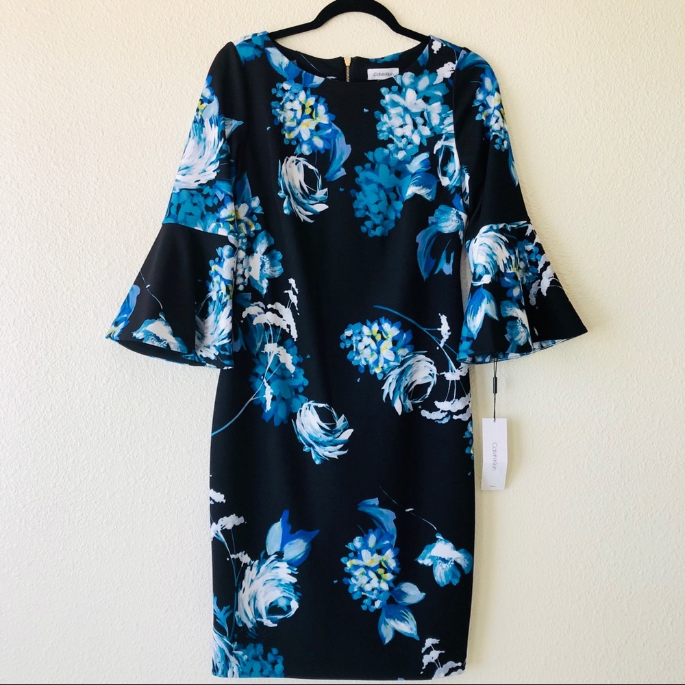 Calvin Klein Bell Sleeve Floral Print Shift Dress